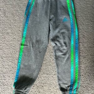 Adidas Kids Gray Joggers with Blue and Green Stripes